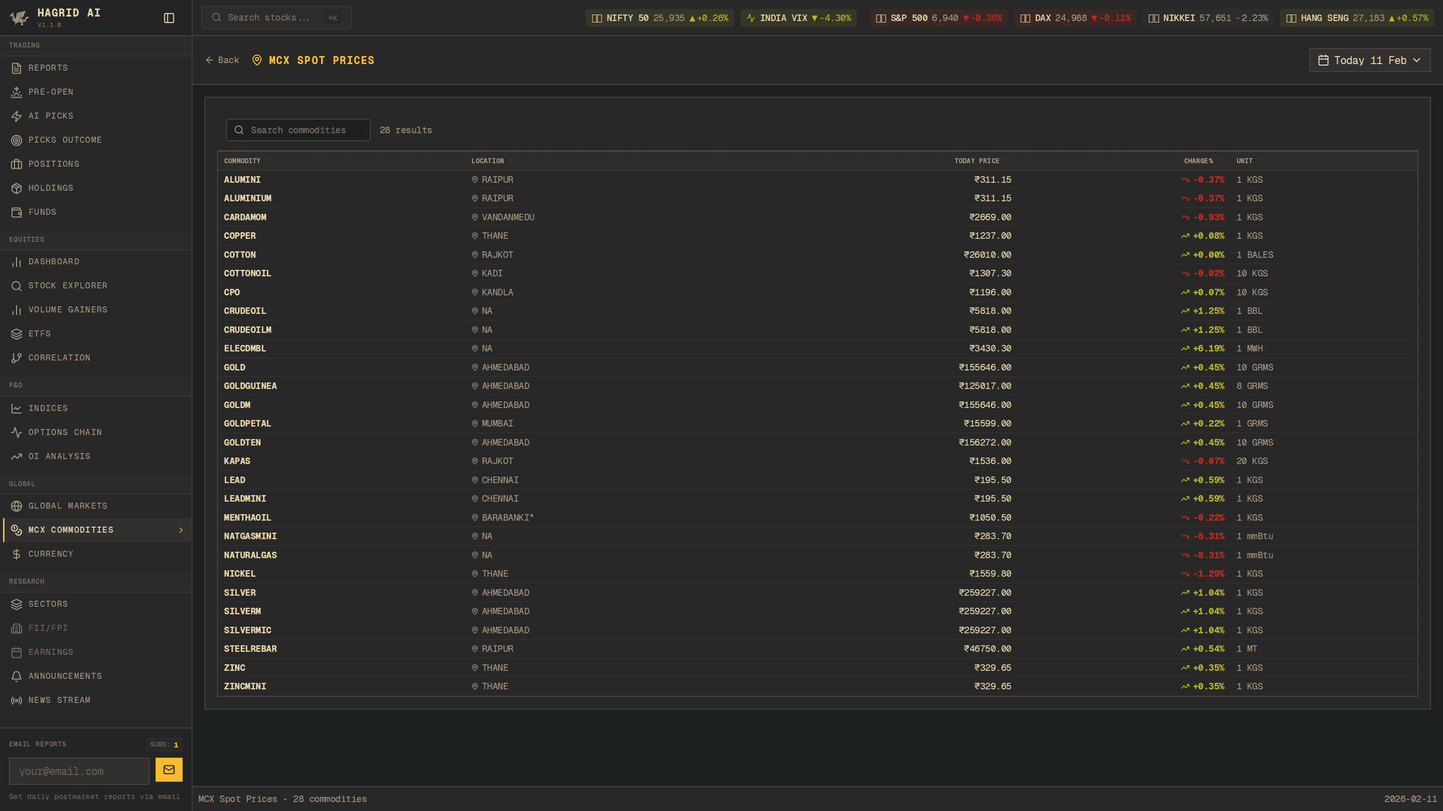 Hagrid AI — MCX Spot Prices